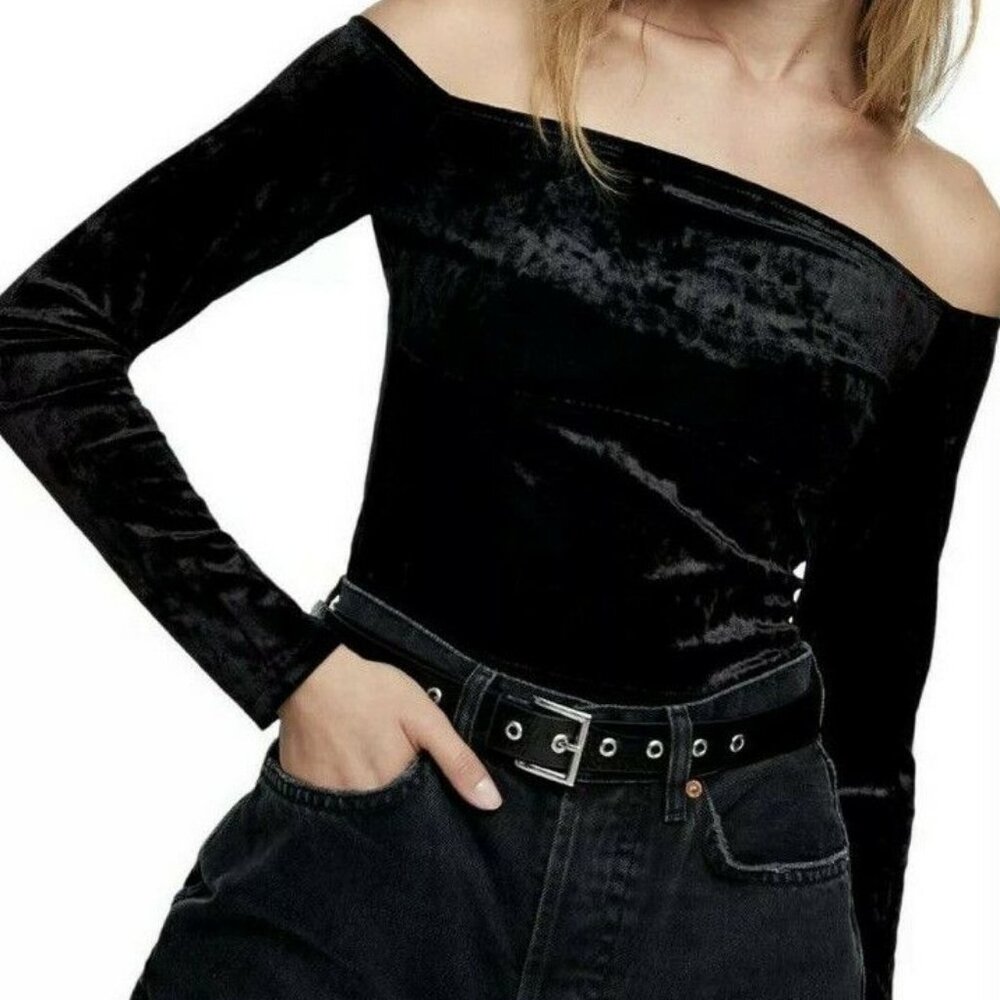 Topshop Black Bardot Panne Velvet Off Shoulder Long Sleeve Crop Womens size 2